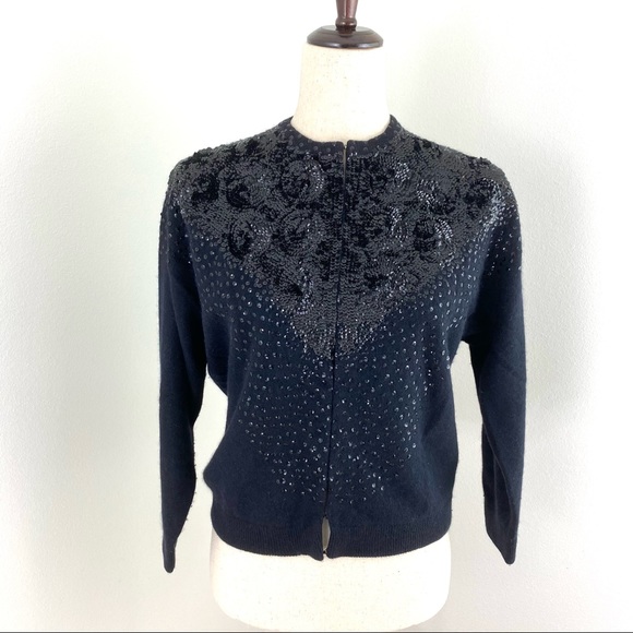 Vintage The May Co rare angora blend black sequined cardigan sweater jacket - Picture 2 of 13